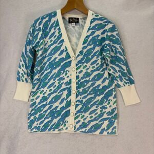 Bob Mackie Wearable Art Women's Small Blue Green Abstract Print Cardigan Sweater